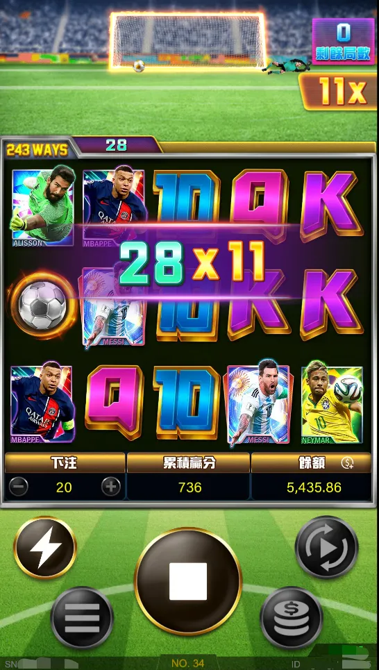 決戰世界盃免遊中轉出金球可獲得射門機會，成功射門獎金金額隨機翻倍-3A電子
